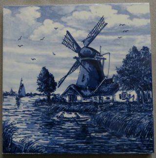 Antique Delft Tile Delft Blauw Windmill Canal Holland