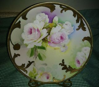 Antique O & Eg Royal Austria Hp 9 " Roses & Gold Cabinet Plate Artist Laporteg Ex