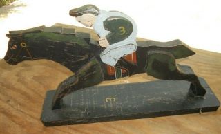 Folk Art Wood Hand Made Race Horse & Rider Jockey On Stand 3