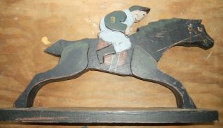 Folk Art Wood Hand Made Race Horse & Rider Jockey on Stand 3 3