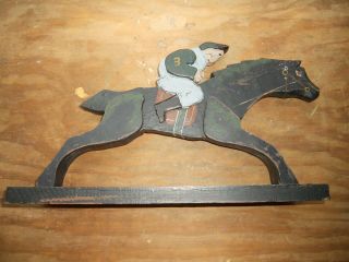 Folk Art Wood Hand Made Race Horse & Rider Jockey on Stand 3 4