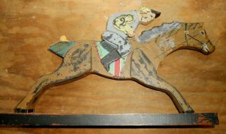 Folk Art Wood Hand Made Race Horse & Rider Jockey on Stand 2 2