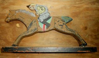 Folk Art Wood Hand Made Race Horse & Rider Jockey on Stand 2 3