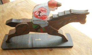 Folk Art Wood Hand Made Race Horse & Rider Jockey On Stand 1