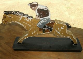 Folk Art Wood Hand Made Race Horse & Rider Jockey On Stand 4