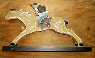 Folk Art Wood Hand Made Race Horse & Rider Jockey on Stand 4 2