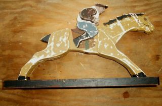 Folk Art Wood Hand Made Race Horse & Rider Jockey on Stand 4 3
