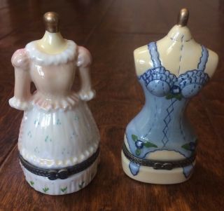 2 Porcelain Dress Form Hinged Trinket Box Measures 4 " Tall Pill Box Corset Gown