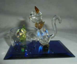 Schafer Crystal Cat With Fish Bowl Figurine