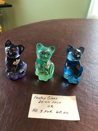 Fenton Hand Painted Glass Cat Figurines.  $25 Each Or All Three For $60.