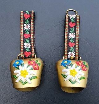 Vintage Hand Painted Brass Bells Set Of Two Floral Ribbon Hangers