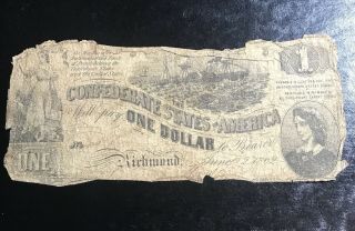 Us Civil War Confederate Csa $1 Note Obsolete Currency 1862 Lucy Pickens Antique