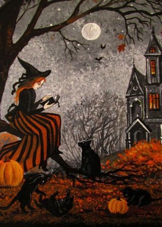 5x7 Print Of Painting Ryta Halloween Witch Black Cat Vintage Style Folk Art