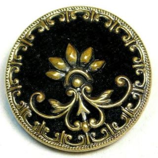 Antique Vtg Button Ornate Victorian Brass Perfume Black Velvet 1 & 1/8 B8