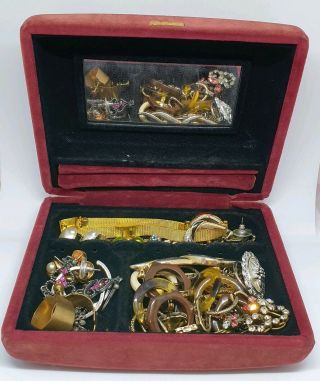 Antique Velvet Box Vintage Jewellery Brooch Necklace Watch And Joblot Earrings