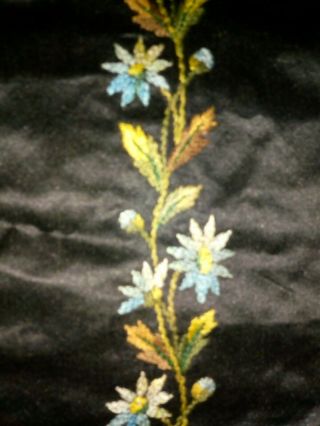 Antique 1920s Hand Embroidered Panel Black Silk Floral Sash Panel