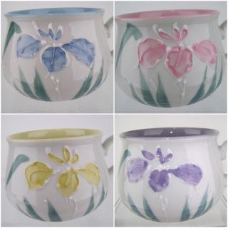 Takahashi Mugs Set Of 4 Hand Painted Blue Yellow Pink Purple 3d Iris Porcelain