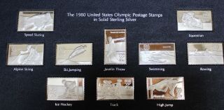 1980 Franklin Us Sterling Silver Olympic Postage Stamps Set Of 10,  Box
