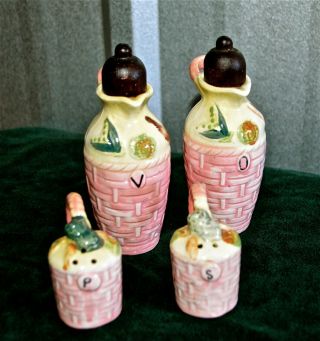 Vintage 4 Piece Set Japan Salt And Pepper Shakers Oil Vinegar Jar Ceramic & Wood