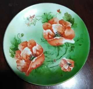 Vintage Poppy Plate.  Green With Red Flowers 9 "