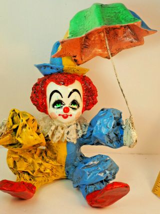 10 " Mexican Folk Art Blue Yellow Colorful Paper Mache Clown With Umbrella Lace