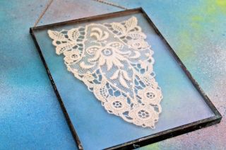 Vintage Lace Under Glass Copper Frame With Chain Hanger,  4” X 5”