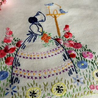 Stunning Tray Cloth Exquisite Hand Embroidered Crinoline Lady Raised Hollyhocks