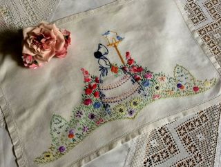 Stunning Tray Cloth Exquisite Hand Embroidered Crinoline Lady Raised Hollyhocks 2