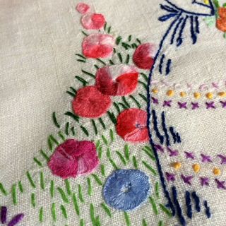 Stunning Tray Cloth Exquisite Hand Embroidered Crinoline Lady Raised Hollyhocks 3