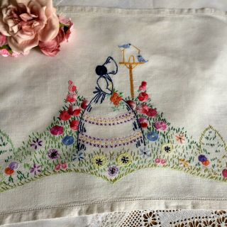 Stunning Tray Cloth Exquisite Hand Embroidered Crinoline Lady Raised Hollyhocks 4