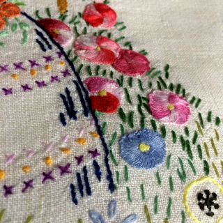 Stunning Tray Cloth Exquisite Hand Embroidered Crinoline Lady Raised Hollyhocks 5