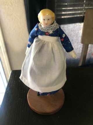 Antique Small 6”china Head Doll W/ Blonde Hair,  Blue Eyes,  Cloth Body