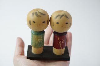 Green Red Japanese Doll Kokeshi Painted Wood Miniature Vintage 2 Decor Antiques