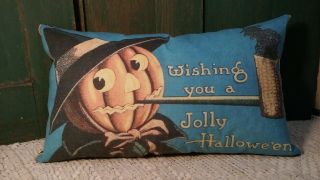 Primitive Vintage Jolly Halloween Post Card Pumpkin Pillow Pipe Smoke Is A Witch