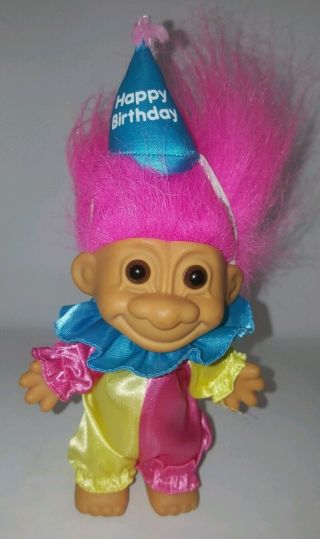 Vintage Russ Berries Happy Birthday Clown Troll Doll Pink Hair 4.  5 " With Hat