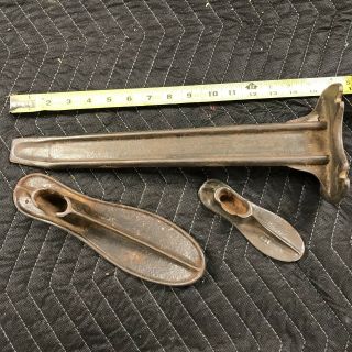 Antique 15 " Cast Iron Cobbler Stand & 2 Shoe Last Vintage Tool