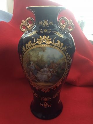 Limoges Cobalt Blue And Gold Victorian Scene Vase Bow Ribbon Handles 12 " Tall