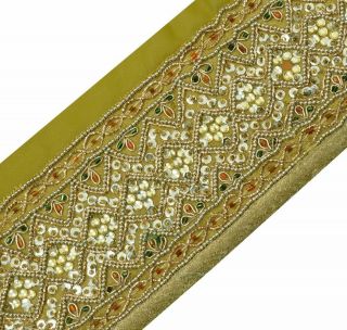 Antique Vintage Saree Border Indian Craft Trim Hand Beaded Heavy Work Green Lace