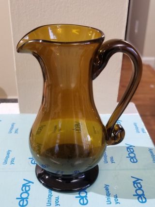 Vintage Antique Hand Blown Amber Glass Pitcher With Handles 5 1/8  T