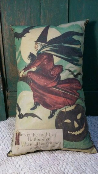 Primitive Vintage Halloween Post Card Pillow Cat Pumpkin Witch Poem Bats Broom