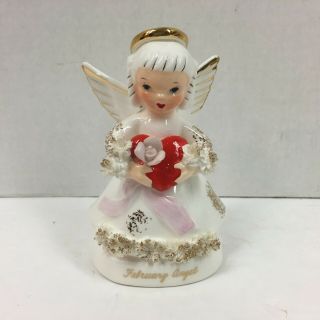 Vintage Napco Porcelain February Angel Figurine Holding A Red Heart