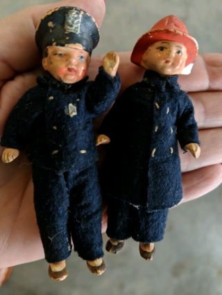 2 Vintage Old Celluloid 1 Policeman & 1 Fireman Dolls Germany 3 " Felt Uniforms