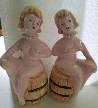 Vintage Nude Girls Ladies On Barrel Salt & Pepper Shakers Japan Naughty