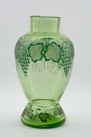 19th C.  European Hand Blown & Etched Green Bubble Glass Flower Vase 11 " H