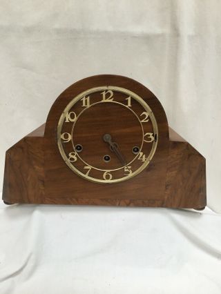 Vintage Art Deco Wooden Mantle Clock Spares Or Repairs With Key