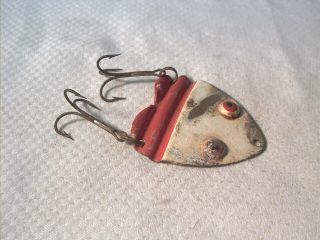 Vintage old metal fishing lure Ohio Vermillion Frog Spoon Red & White 3