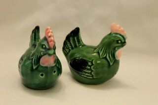 Vintage Japan Roosters Chickens Salt And Pepper Shakers Green Pink Replacements