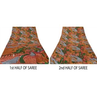 Sanskriti Vintage Saree 100 Pure Silk Printed Sari Craft 5 Yard Decor Fabric 5