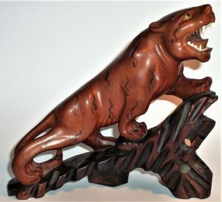 Old Tiger Hand Carved Wood Asian Art Sculpture Statue Figurine Vintage Antique R