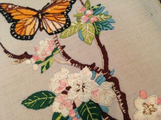 Vintage Hand Embroidered Picture Panel Butterflies And Blossom